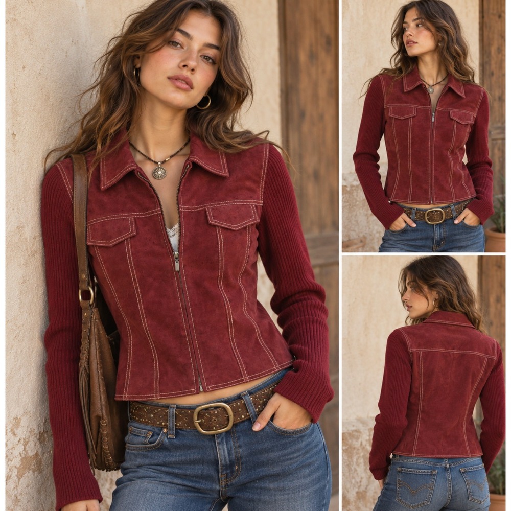 Vintage 14 Y2K Burgundy Suede Sweater Zip Jacket Boho Hippy Whimsigoth Cabincore